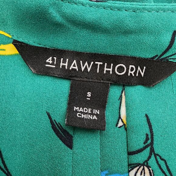 41 Hawthorn Womens Blouse Small Trina Bell Tie 3/4 Sleeve Green Floral V Neck - Picture 7 of 12